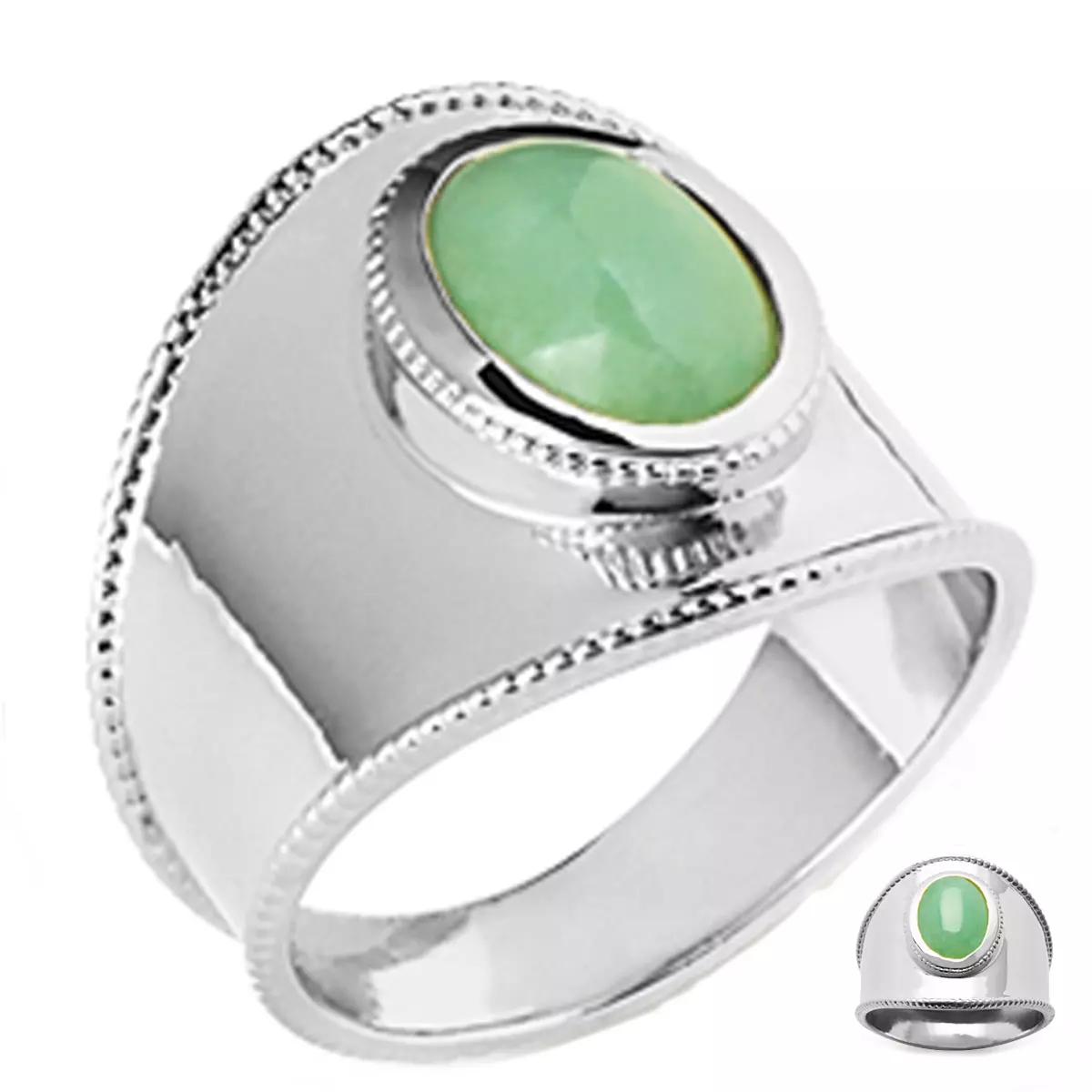 les trésors de lily Bague Argent 'Cléopatra' vert aventurine argenté (rhodié) 24 mm [Q3710]
