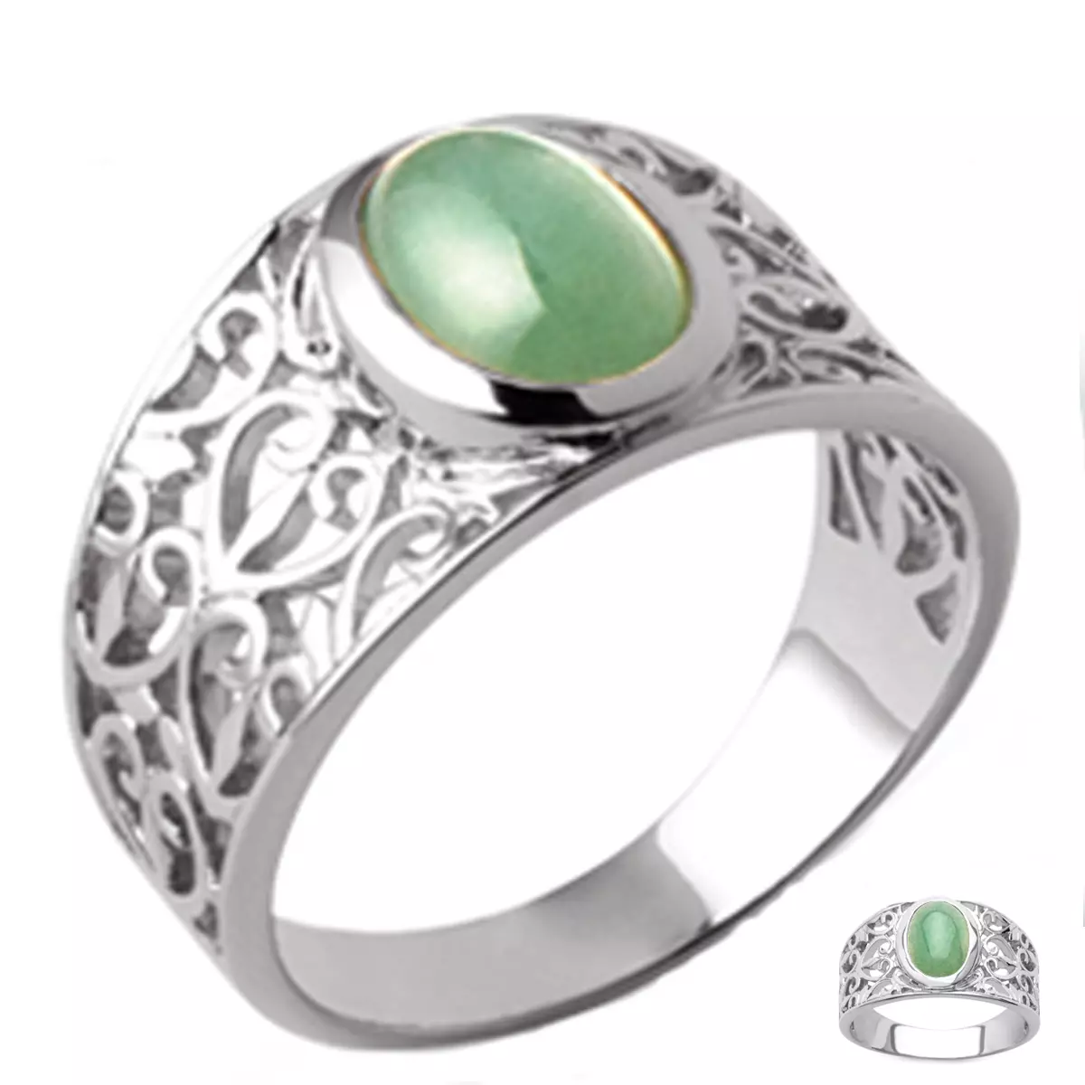 les trésors de lily Bague Argent 'Cléopatra' vert aventurine argenté (rhodié) 12 mm [Q3713]