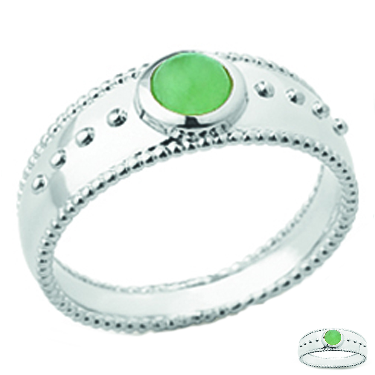 Bague Argent \'Cléopatra\' vert aventurine argenté (rhodié) - 7 mm - [Q3714]