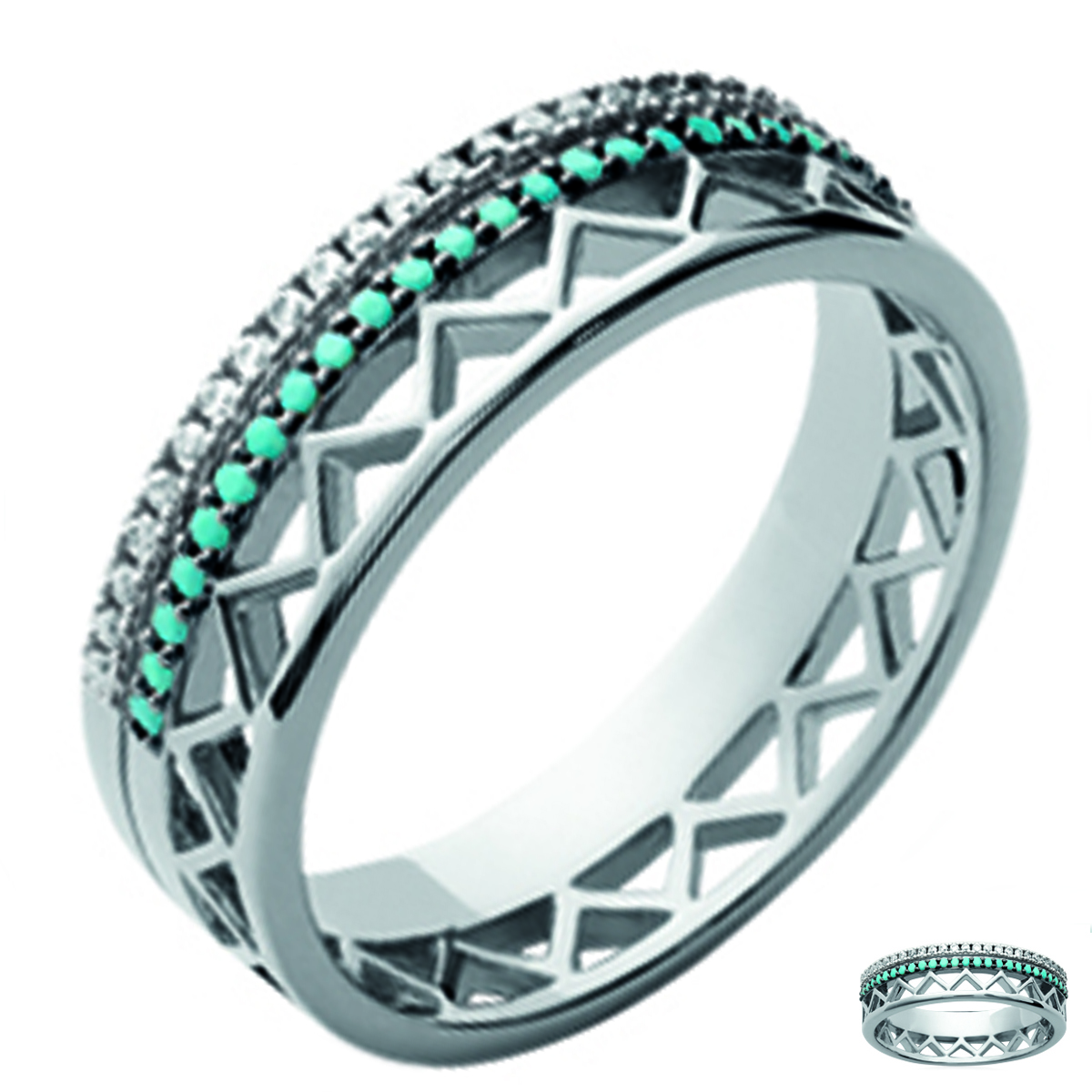 Bague Argent \'Navajos\' turquoise argenté (rhodié) - 6 mm - [Q3715]