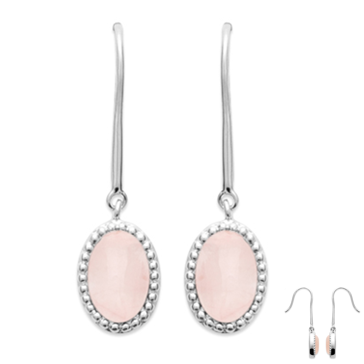 Boucles Argent \'Cléopatra\' quartz rose argenté (rhodié) - 10x8 mm - [Q6627]