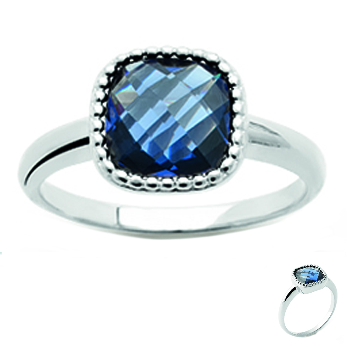 Solitaire Argent \'Unique\' bleu saphir - 10x10 mm (rhodié) - [Q3718]