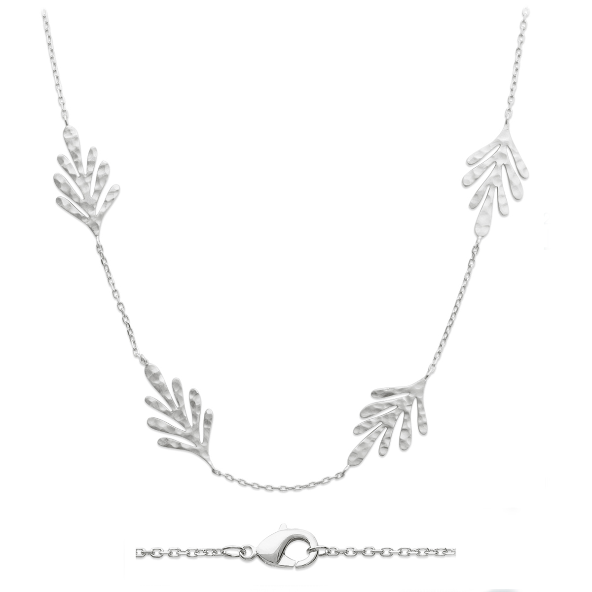 Collier argent\'Cleopatra\' (feuilles) argent rhodié (martelé) - 45 cm, 20x10 mm - [Q3748]