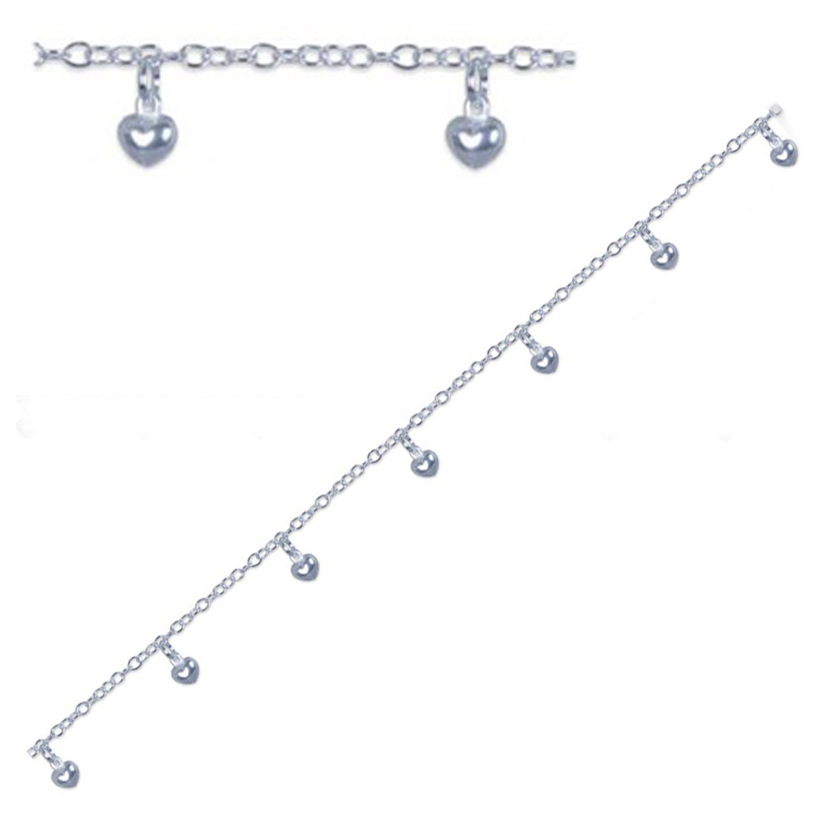 Chaîne Cheville Argent \'Love\' argenté (rhodié) - 25 cm 3 mm , coeurs 5x5 mm - [Q8205]