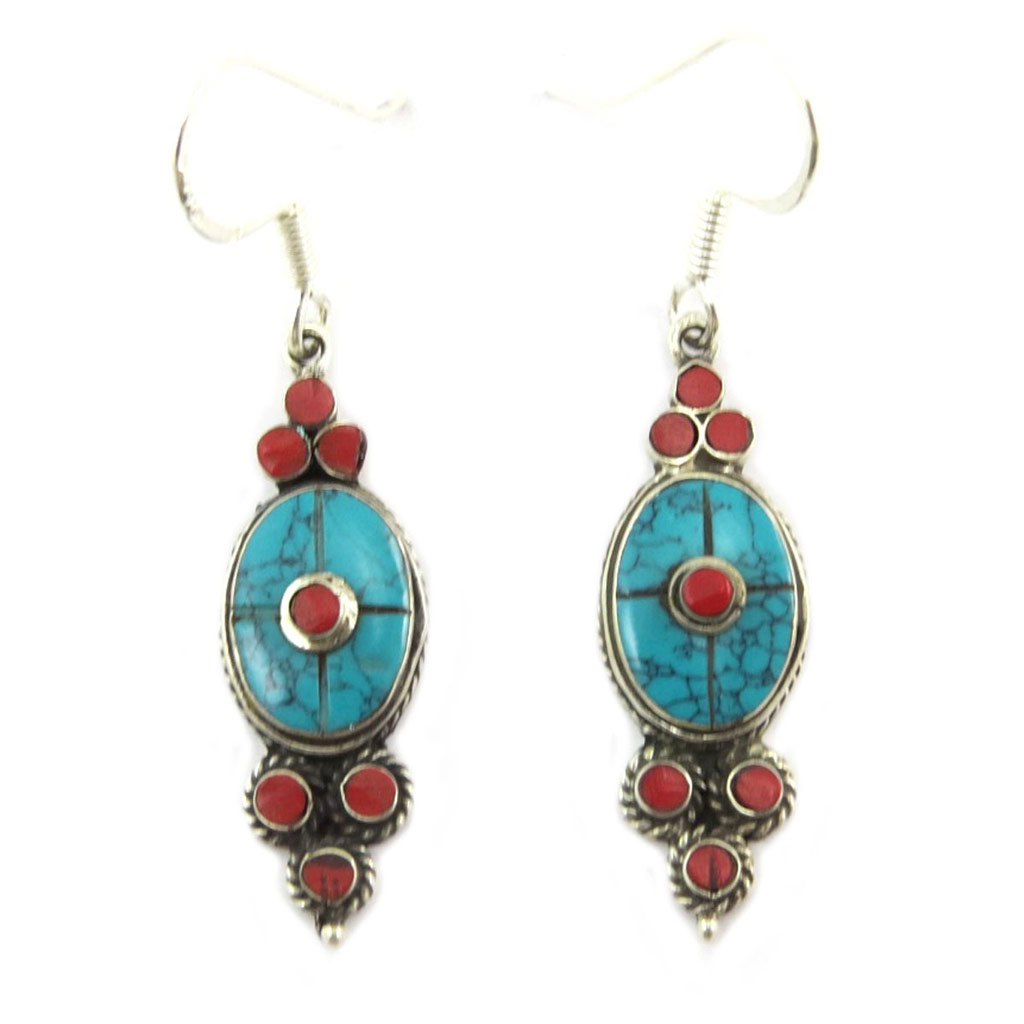Boucles Argent \'Hatari\' turquoise corail - 30x10 mm - [P7204]