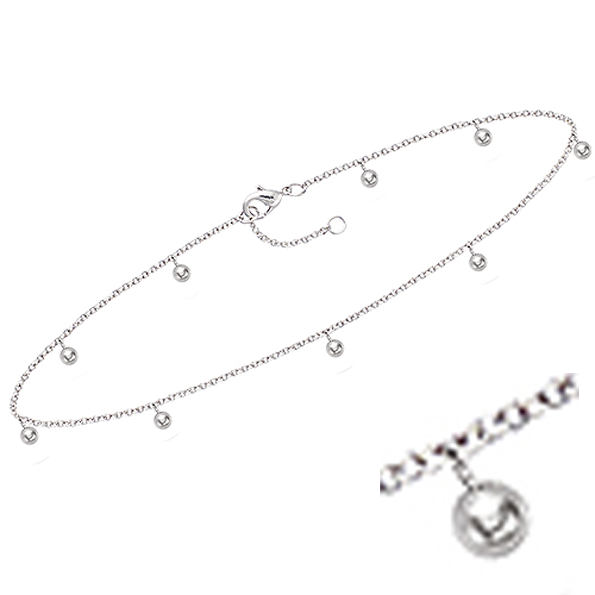 Chaine Cheville Argent \'Billes\' argenté (rhodié) - 25 cm 1 mm, billes 3 mm - [Q8218]