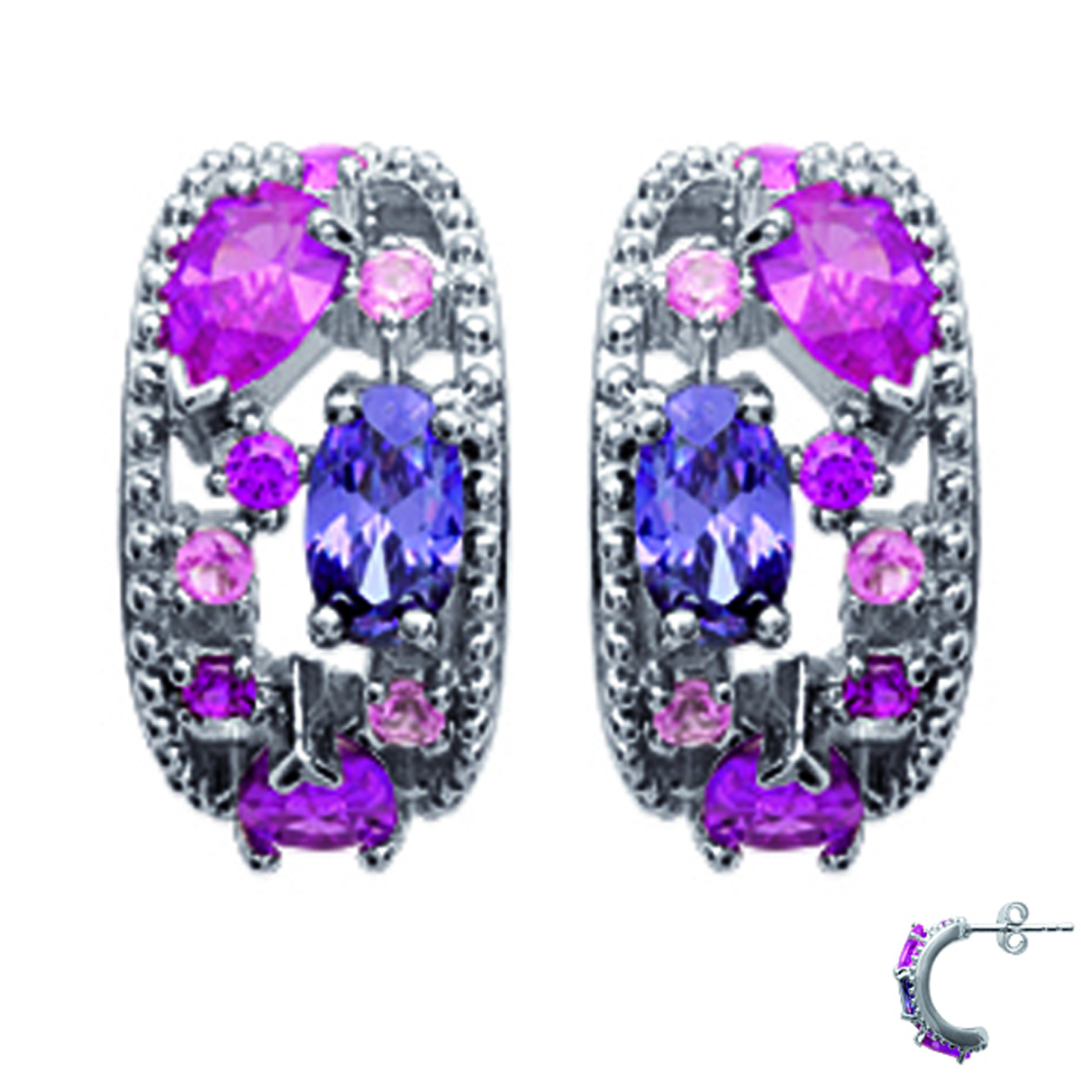 Demi-créoles Argent \'Sissi\' rose violet argenté (rhodié) - 12x8 mm - [M5572]