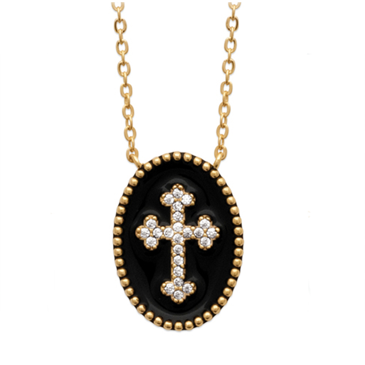 Collier Plaqué Or \'Croix\' noir doré - 45 cm 18x12 mm - [Q8459]