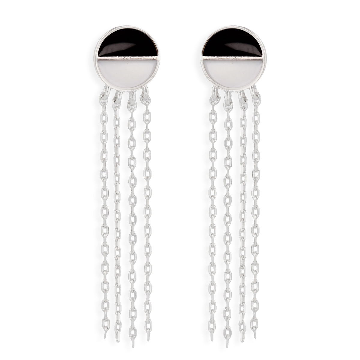 Boucles Argent \'Obao\' noir blanc argenté (rhodié) - 40x8 mm - [Q2992]