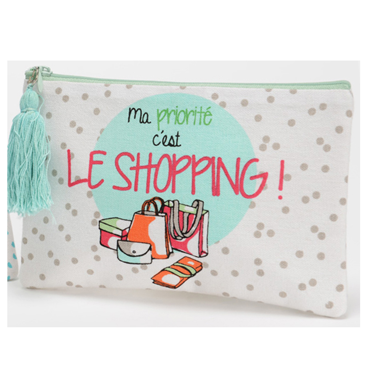 Trousse plate coton \'Messages\' vert rouge (Ma priorité c\'est le Shopping !) - 20x12 cm - [Q9619]