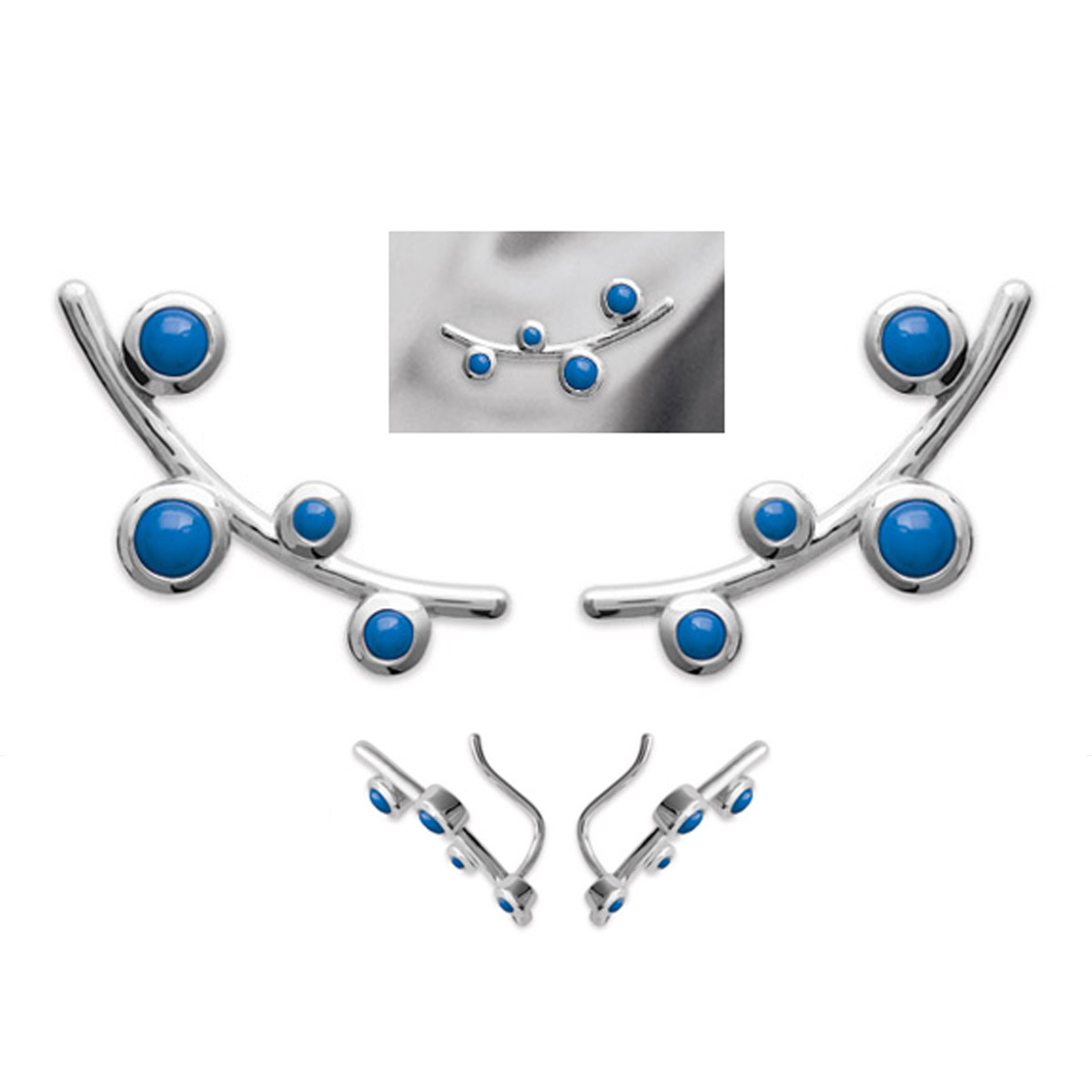Boucles contours d\'oreilles argent \'Princesse Opale\' bleu argenté (rhodié) - 20x10 mm - [P0658]