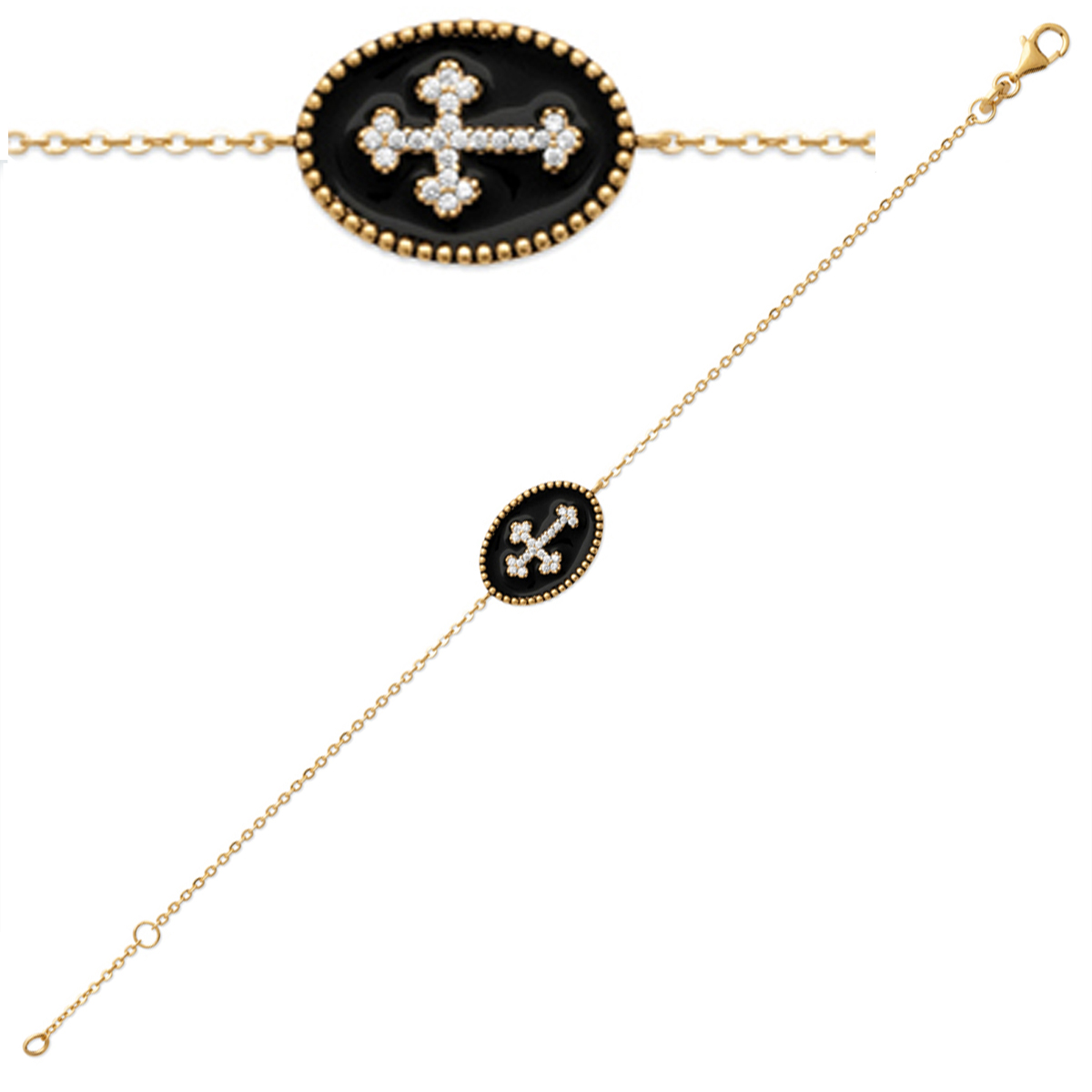 Bracelet Plaqué or \'Croix\' noir doré - 18x13 mm - [Q9126]