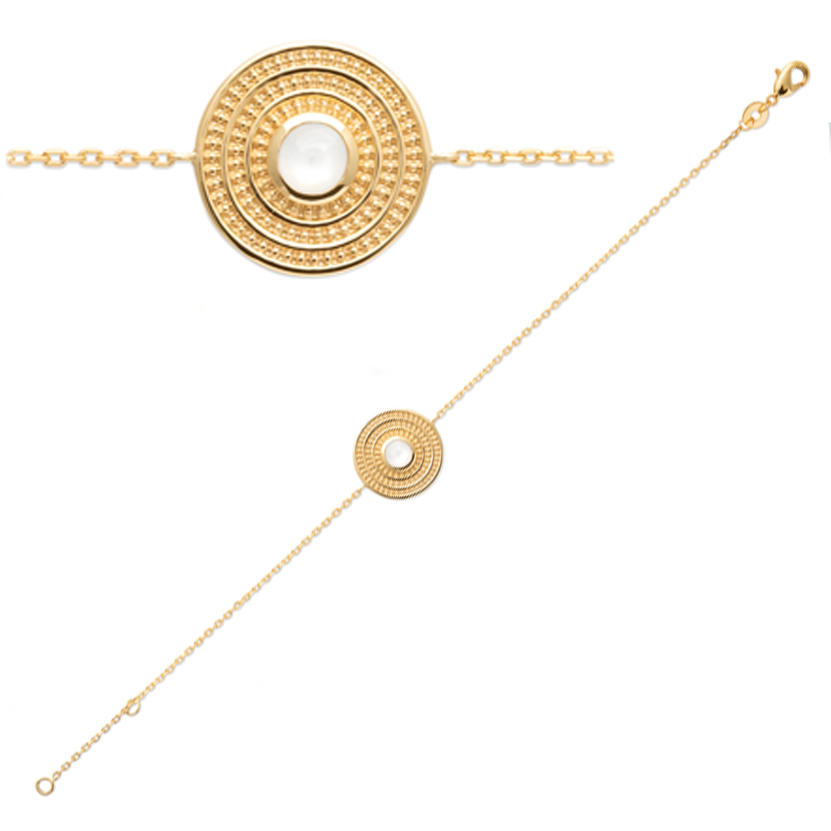 Bracelet Plaqué Or \'Cléopatra\' pierre de lune doré - 18 cm 16 mm - [Q6682]
