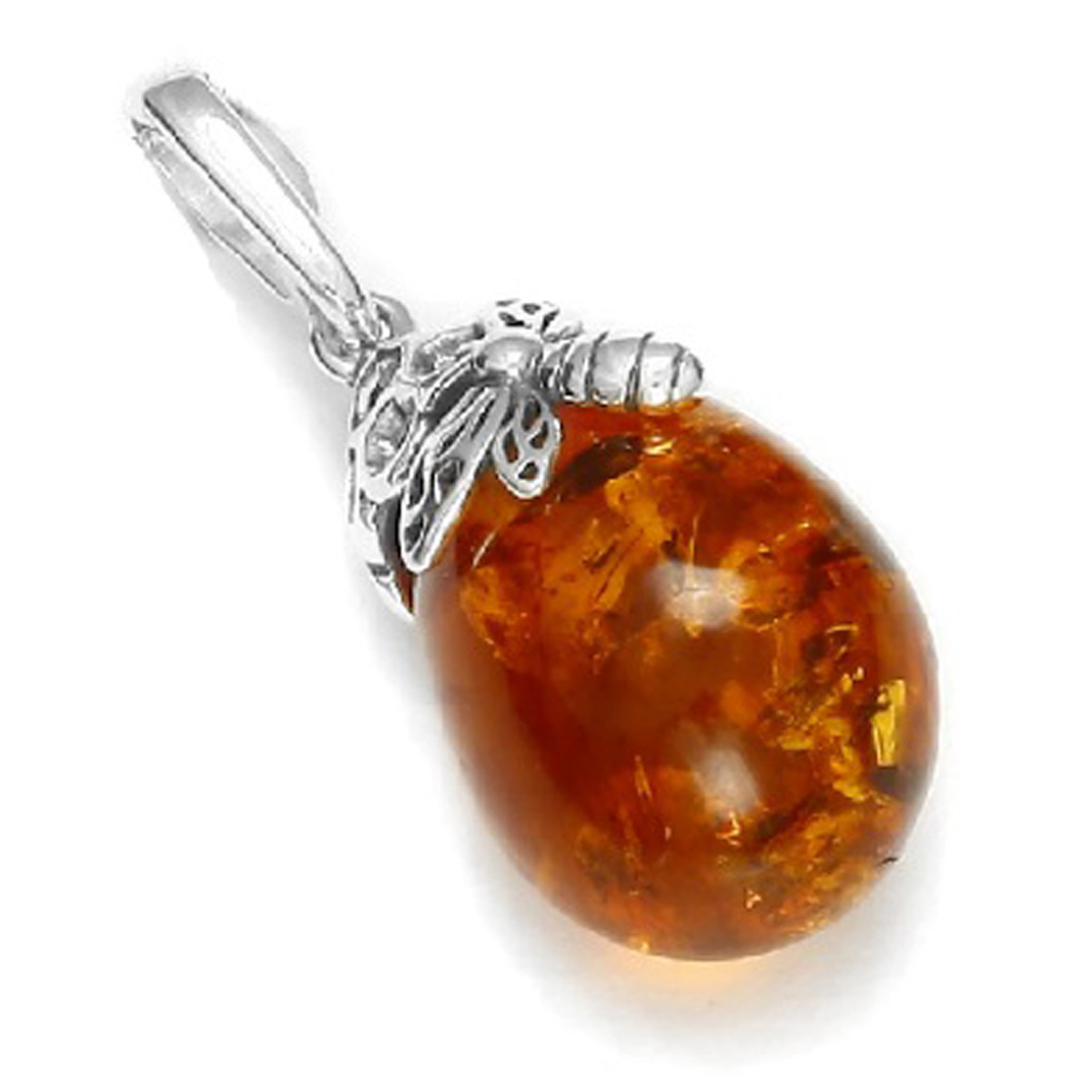 Pendentif Argent \'Inspiration\' Ambre cognac (rhodié) - 23x14 mm - [Q6780]