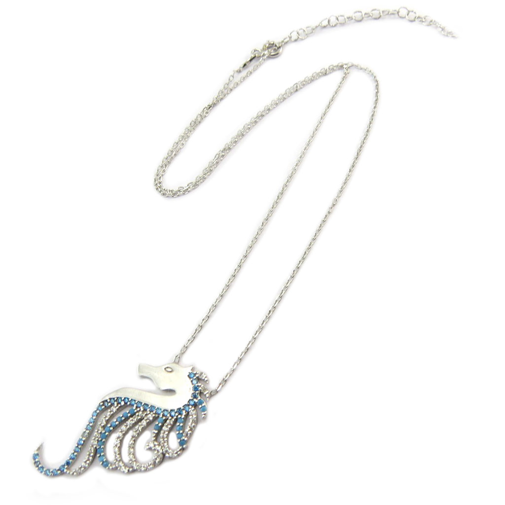 Collier Argent \'Hypocampe\' bleu argenté (rhodié) - [P2439]