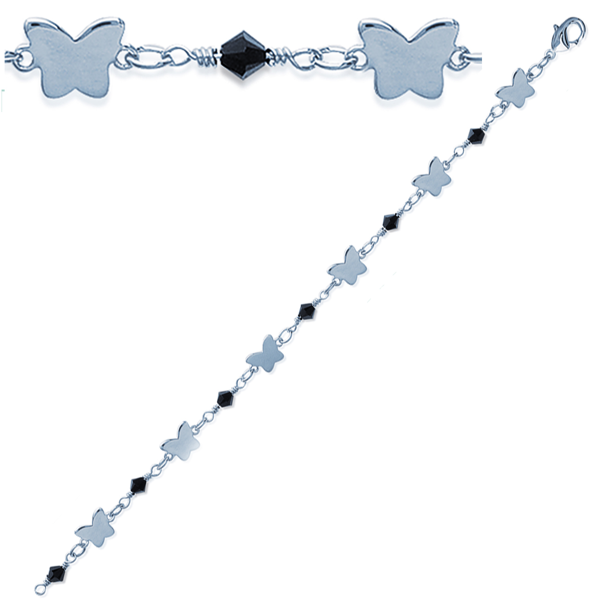 Bracelet Argent \'Ronde de Papillons\' noir argenté (rhodié) - 8x5 mm - [G7807]