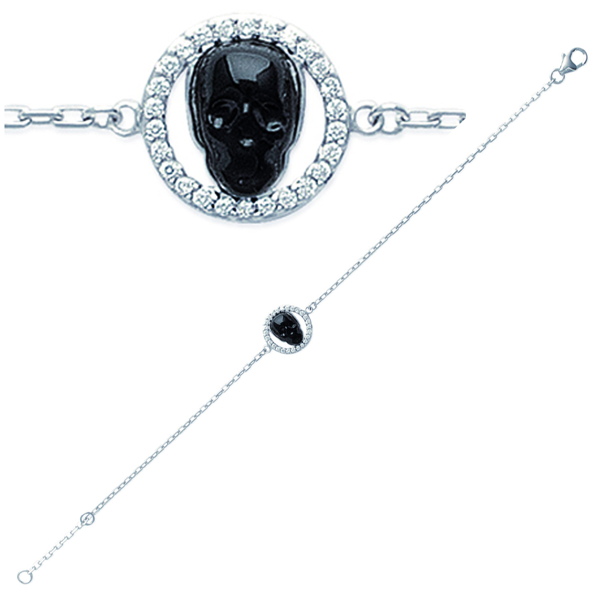 Bracelet Argent \'Tête de Mort\' noir argenté (rhodié) - 12 mm - [J3131]