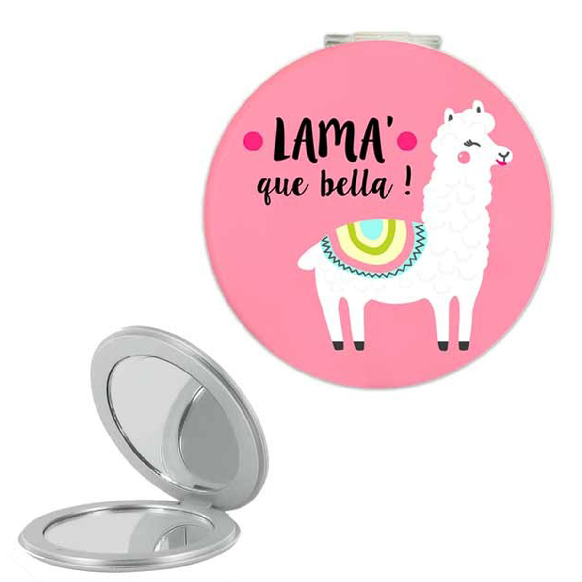 Miroir de poche \'Lama Mania\' rose (Lama\' que bella !) - 6 cm - [Q0865]