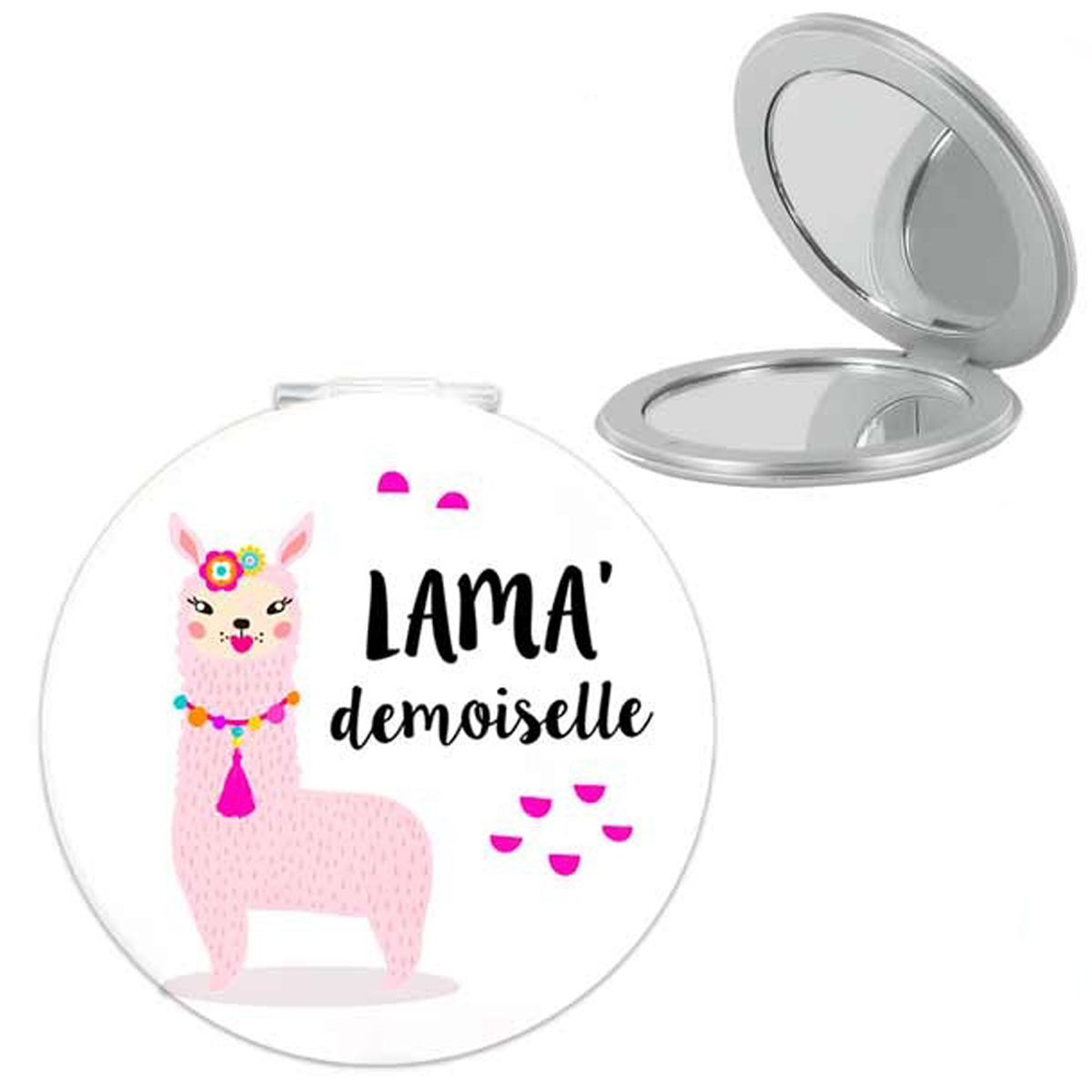 Miroir de poche \'Lama Mania\' blanc (Lama\' demoiselle) - 6 cm - [Q0866]