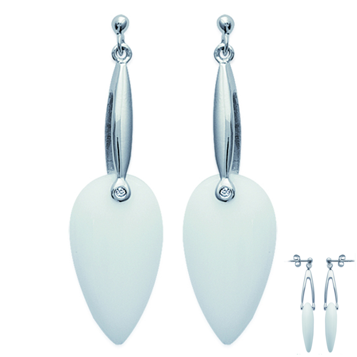 Boucles Argent \'Eva\' blanc argenté - 12x42 mm - [G7840]