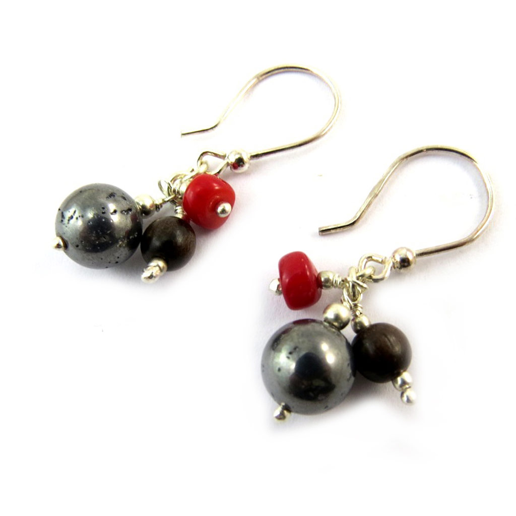 Boucles Argent \'Minéralia\' corail hématite - [N5069]