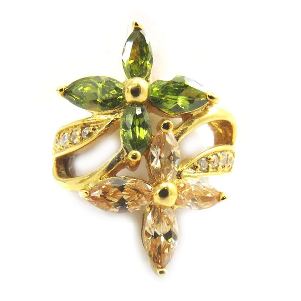Bague Plaqué Or \'Duelles\' Ambré / Vert  - [B6386]