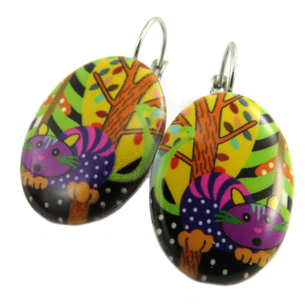 Dormeuses créateur \'Lilipoupettes\' (chat) jaune violet - 25x18 mm - [P7395]