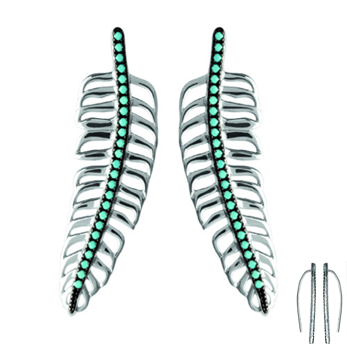 Boucles argent \'Navajos\' turquoise (plumes) - 35x10 mm - [N6242]