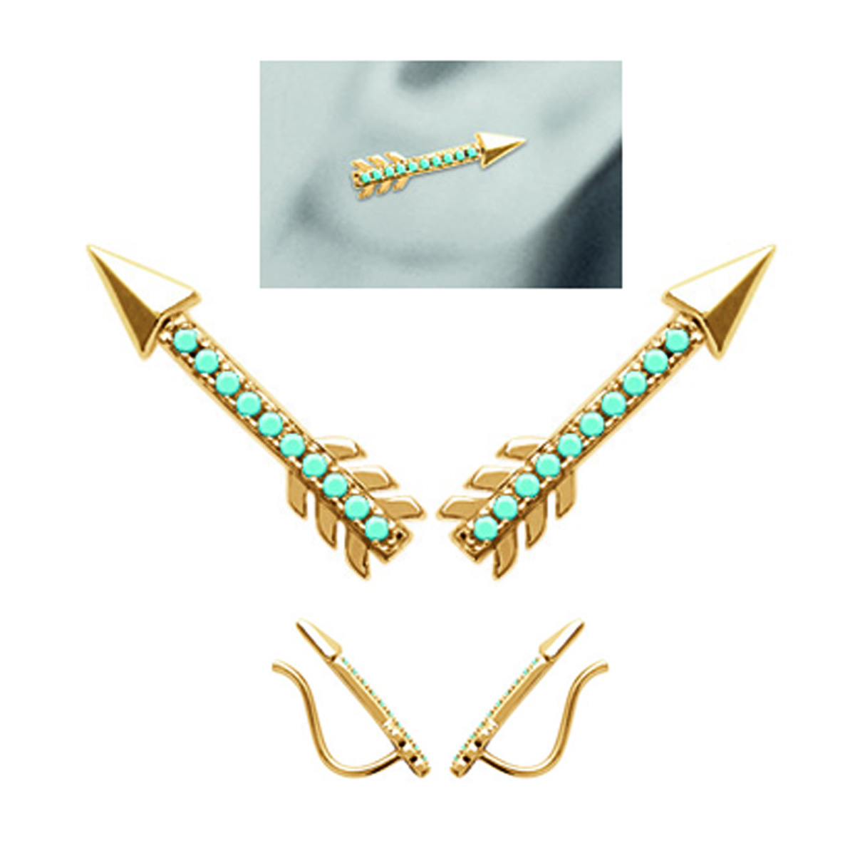 Boucles contours d\'oreilles plaqué or \'Navajos\' turquoise doré (flèches de Cupidon) - 18x3 mm - [N6246]