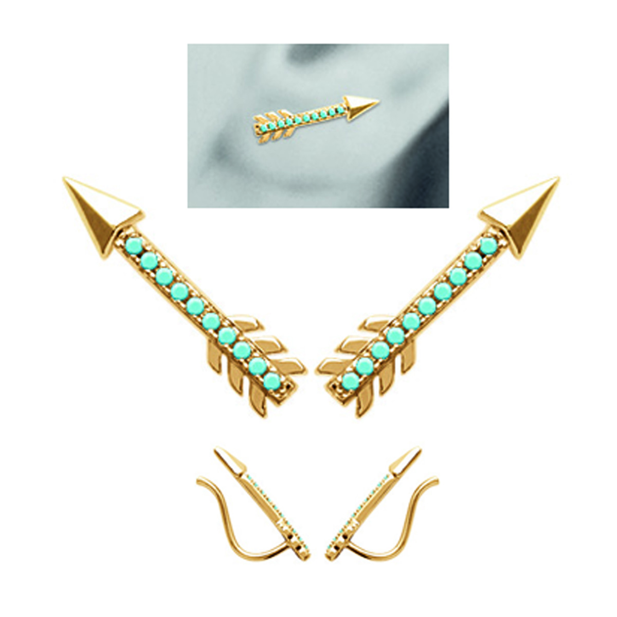 Boucles contours d\'oreilles plaqué or \'Navajos\' turquoise doré (flèches de Cupidon) - 18x3 mm - [N6246]