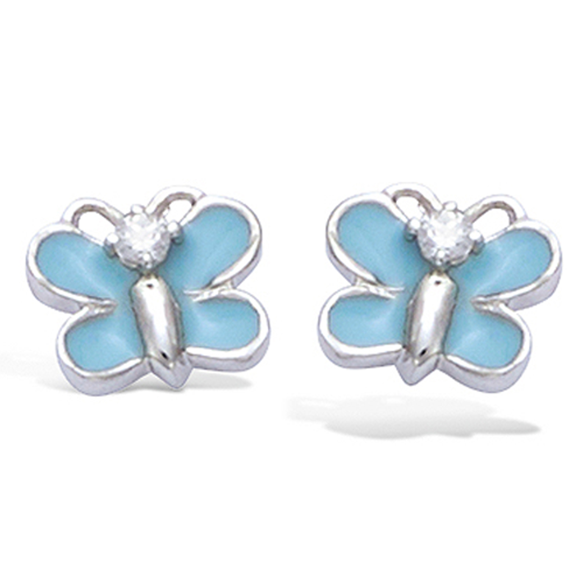 Boucles Argent \'Papillons\' bleu (rhodié) - 7x6 mm - [N6258]