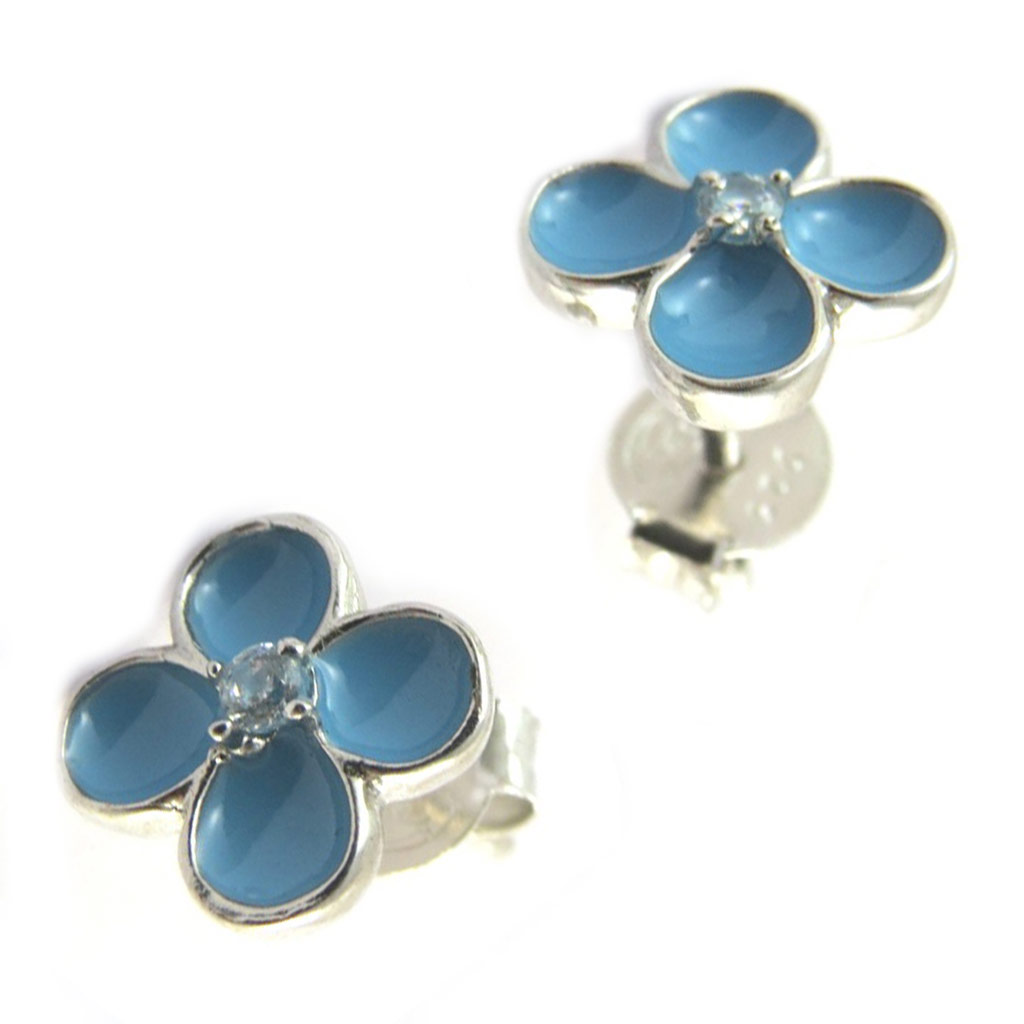 Boucles Argent \'Flora\' bleu (rhodié) - 7x7 mm - [N6259]