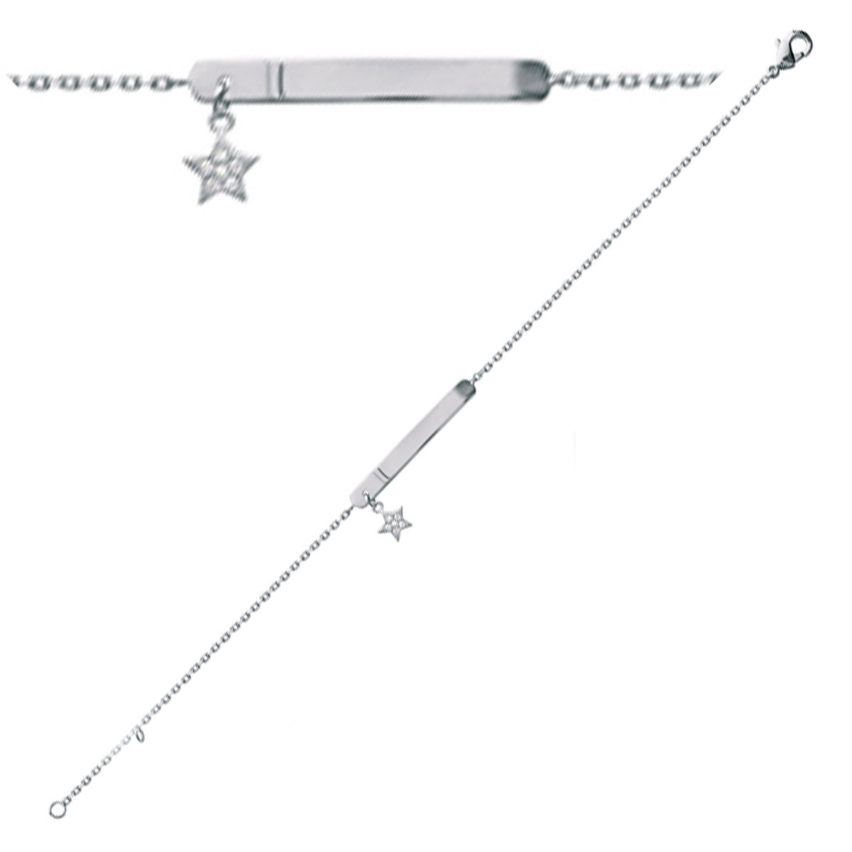 Gourmette Argent \'Eve\' blanc argenté (étoile) - 18 cm plaque 28x3 mm - [P9395]