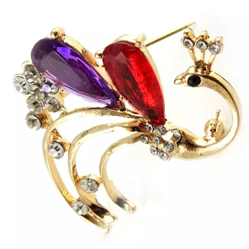 les trésors de lily Broche créateur 'Paon' violet rouge doré [K9780]