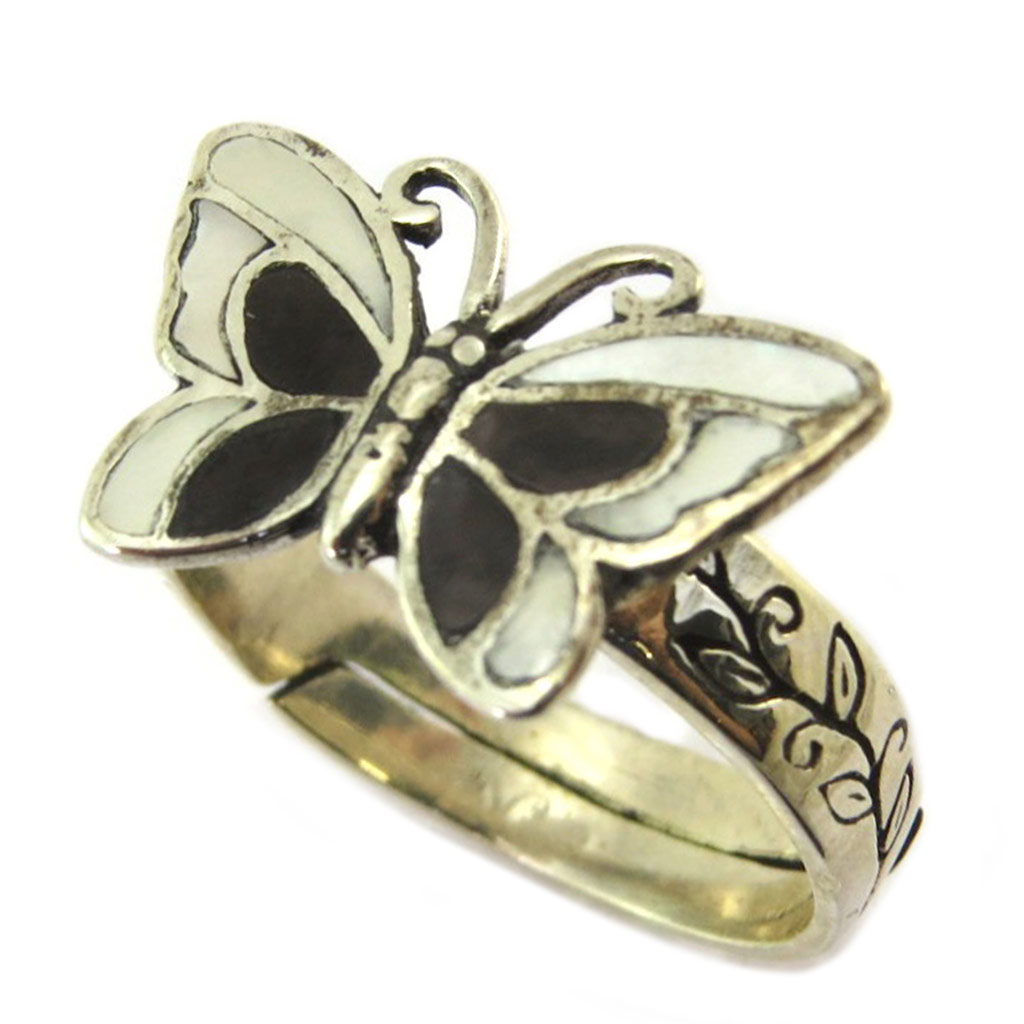 Bague Argent \'Papillon des Songes\' noir blanc nacré - [P2538]