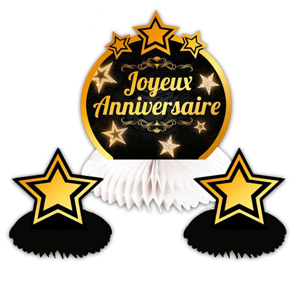 Centre de table \'Joyeux Anniversaire\' noir doré - 26x20 cm (3 pièces) - [Q3222]