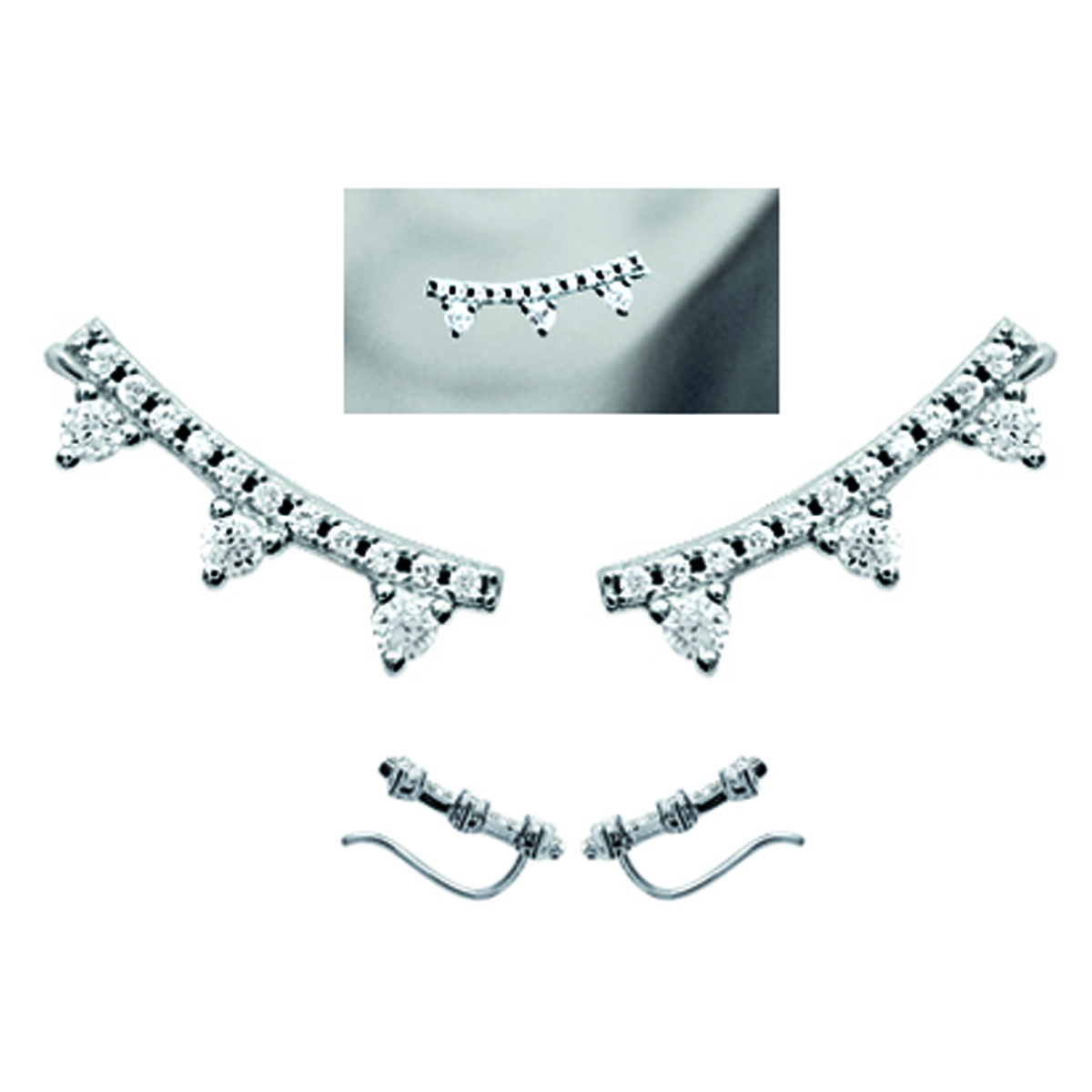 Boucles contours d\'oreilles argent \'Sissi\' blanc argenté (rhodié) - 16x4 mm - [M7632]