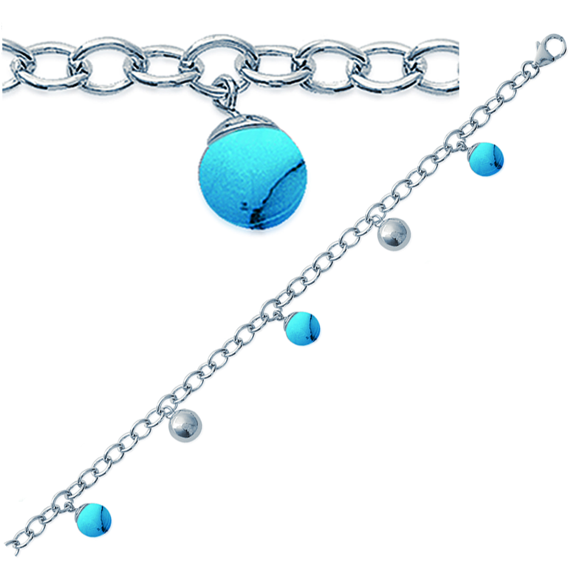 Bracelet Argent \'Minéralia\' Turquoise argenté (rhodié) - 7 mm - [G1274]