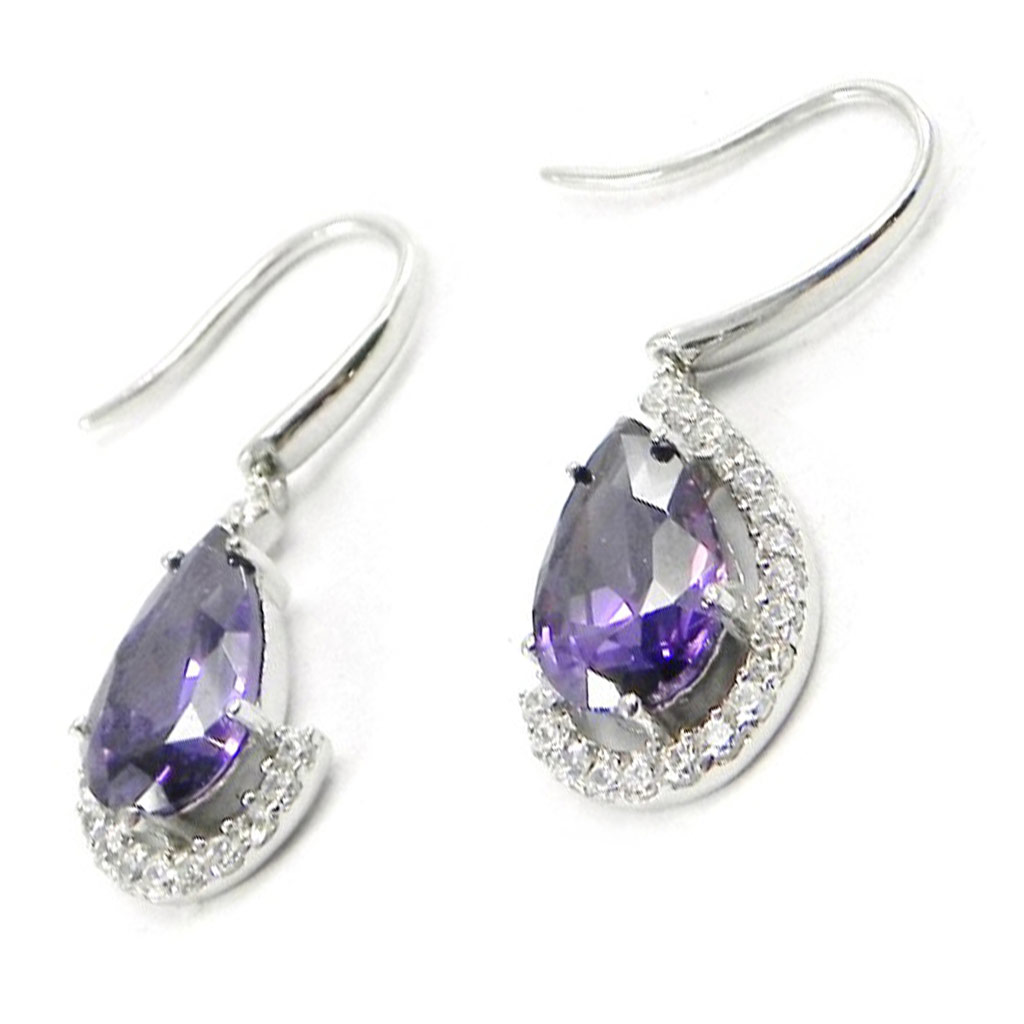 Boucles Argent \'Celestina\' améthyste blanc argenté (rhodié) - 18x11 mm - [I3722]