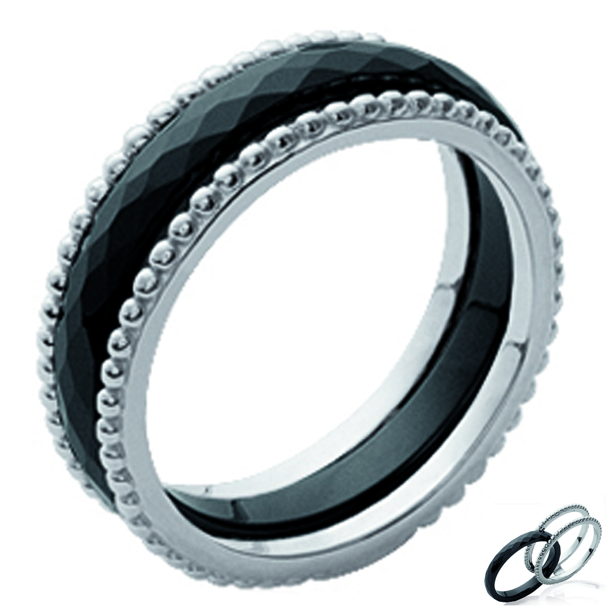 Bague Argent \'Chorégraphie\' céramique noir argenté - 6 mm - [K7206]
