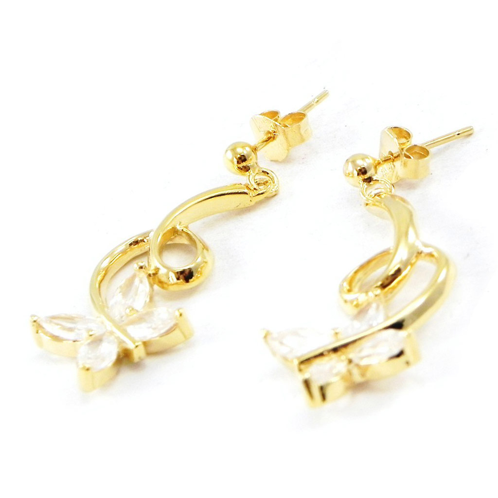 Boucles Plaqué Or \'Parade Papillons\' Blanc doré - 14x32 mm - [B9545]