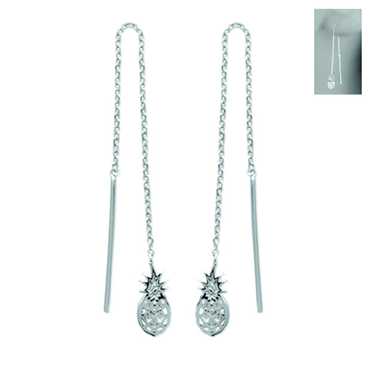Boucles Argent \'Ananas\' argenté (rhodié) - 10x5 mm - [N9246]