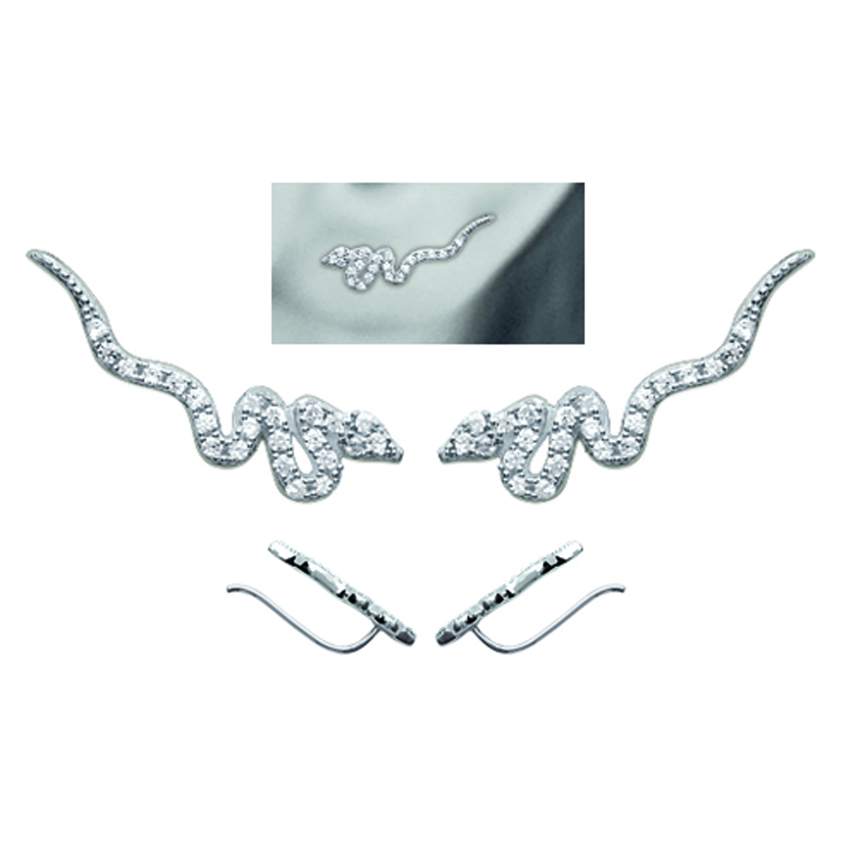 Boucles contours d\'oreilles argent \'Tentation\' blanc (serpents) rhodié - 21x5 mm - [M8707]