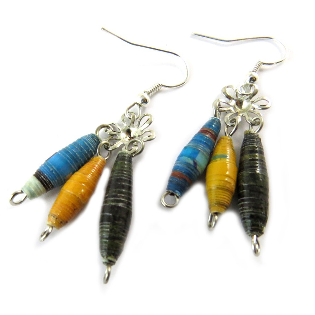 Boucles d\'oreilles artisanales \'New Life\' bleu jaune marron (fait main) - [N9503]