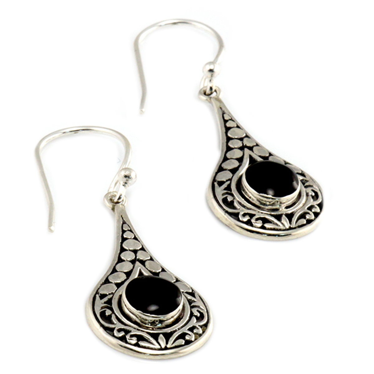 Boucles artisanales Argent \'Heaven\' onyx argent - 25x15 mm - [Q7541]