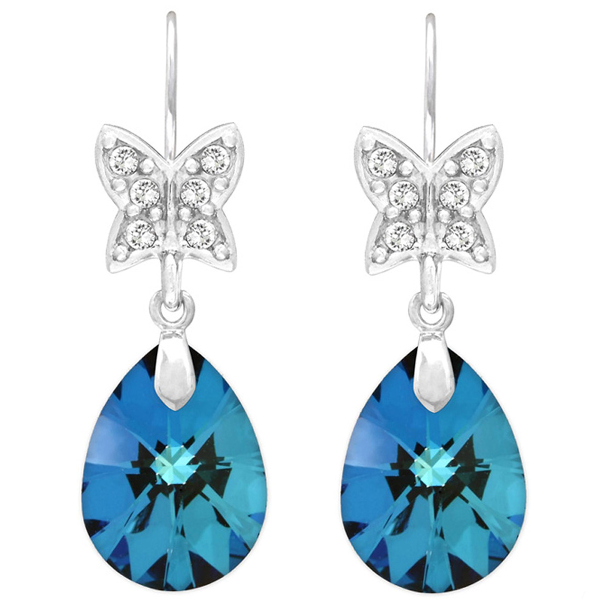 Boucles d\'oreilles argent artisanales \'Sissi\' bleu bermudes argenté (rhodié) - 23x9 mm (papillons) - [Q4247]