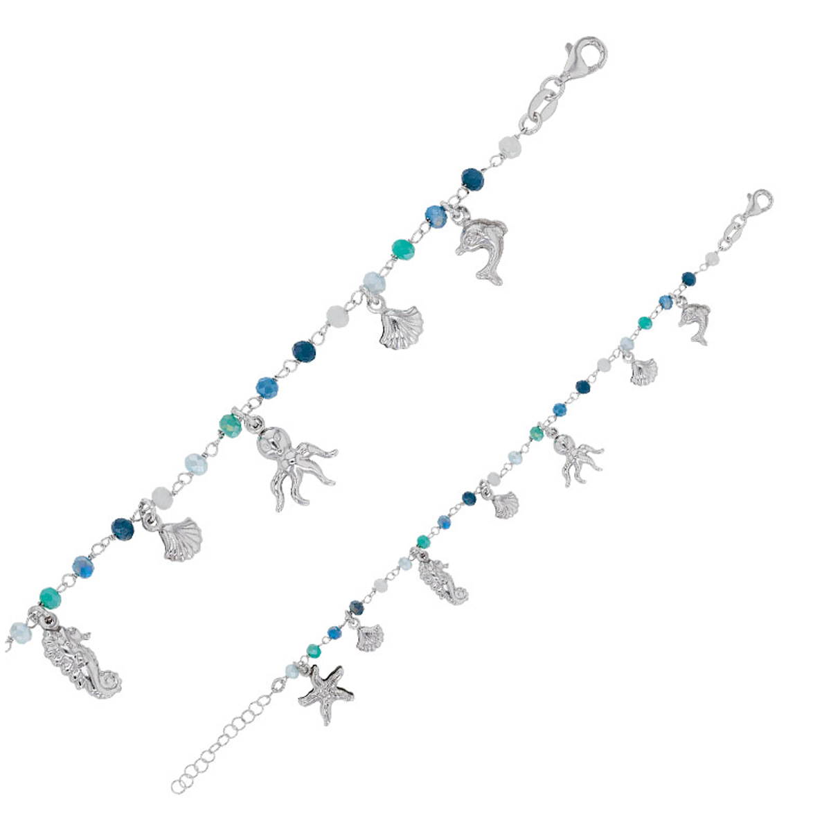 Bracelet Argent artisanal \'Monde Marin\' turquoise bleu argenté (rhodié) - 13x7 mm (hippocampe) - [R2854]