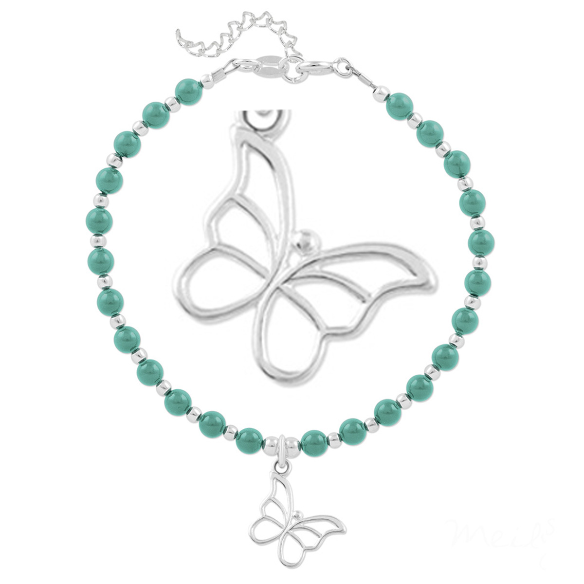 Bracelet argent artisanal \'Boho\' turquoise argenté - perles 4 mm , papillon 15x11 mm - [Q4284]