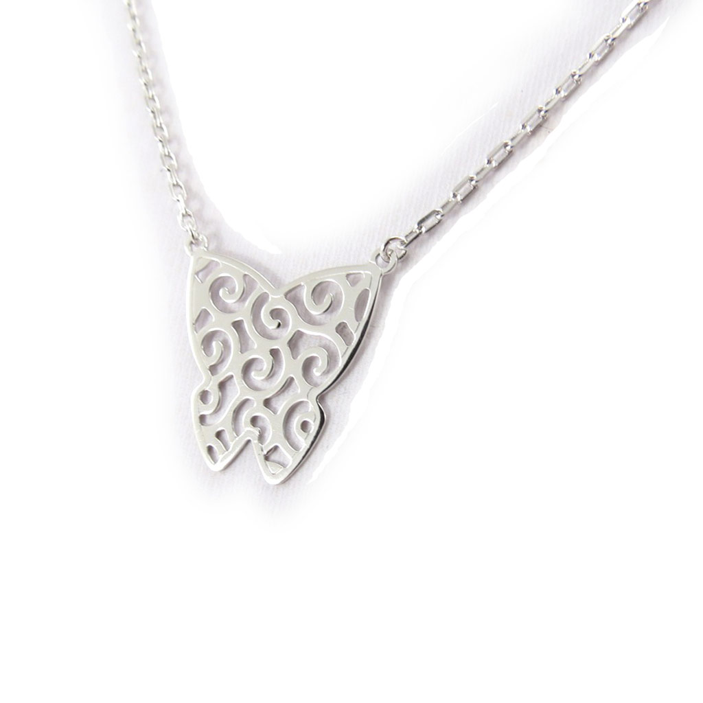 Collier Argent \'Papillon\' argenté (rhodié) - 18x20 mm - [J9616]