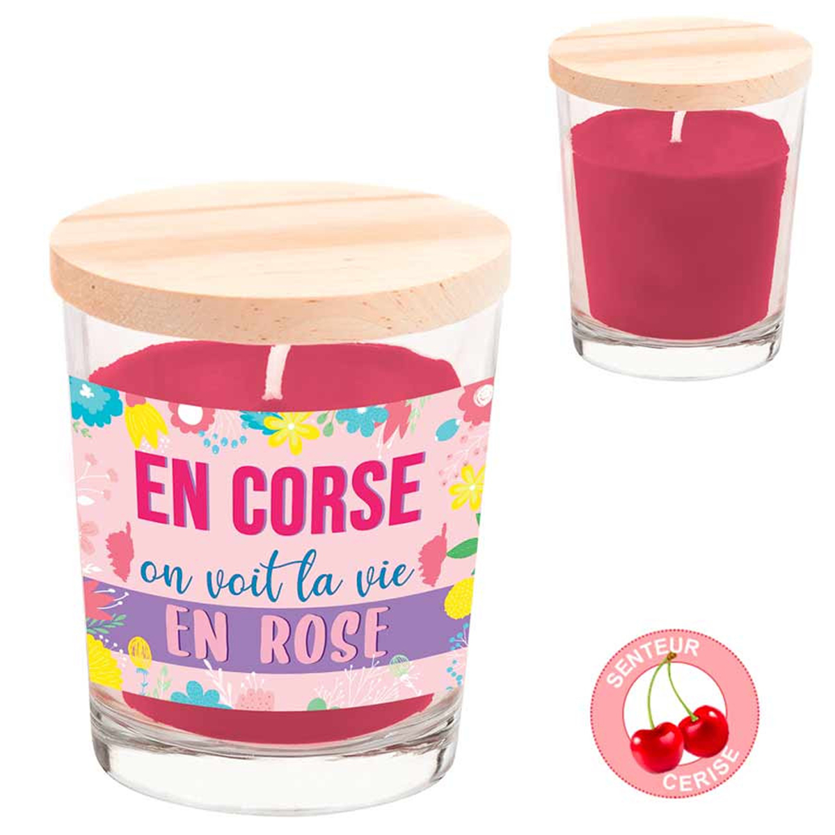 Bougie parfumée \'Corsica\' (En Corse, on voit la vie en rose - cerise) - 92x70 mm - [A0694]
